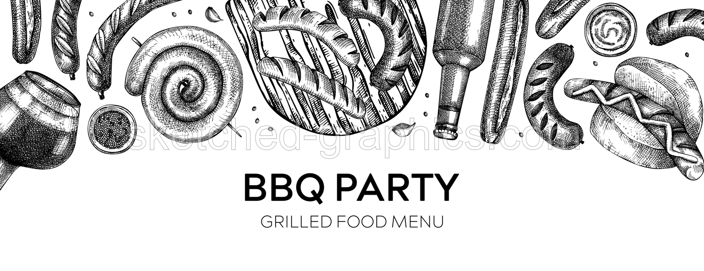 Grilled sausage and beer banner. Hand-drawn fast food illustration. Barbeque party sketched banner. German food and drinks sketches. Oktoberfest background. For bar menu or picnic design Illustration